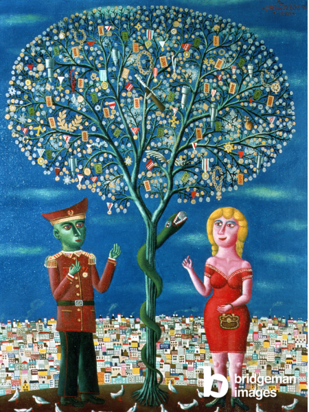 Œuvre d'art de Tamás Galambos représentant deux personnages debout près d'un arbre