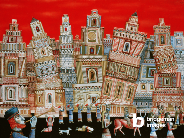 Œuvre d'art de Tamás Galambos représentant un ensemble de bâtiments sur fond de ciel rouge