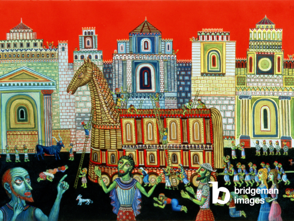 L'œuvre d'art de Tamás Galambos représente un cheval de bois entouré de personnes.