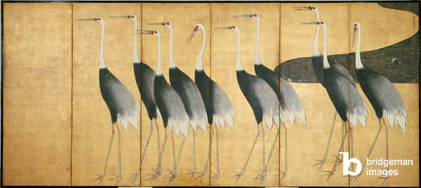 Six-panel screen depicting Cranes