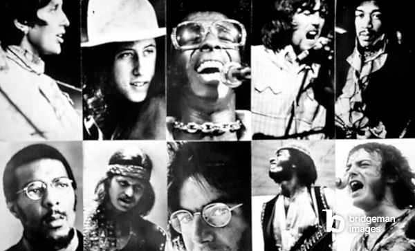 WOODSTOCK : (haut) Joan Baez, Arlo Guthrie, Sly Stone, Graham Nash, Jimi Hendrix, (bas): Richie Havens, Country Joe, John Sebastian, Dave Brown (of Santana), Joe Cocker, au festival de Woodstock 15-18 aout 1969