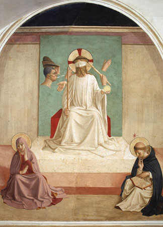 Le Christ moqué entre la Vierge et Saint Dominique, fresque,  Fra Angelico