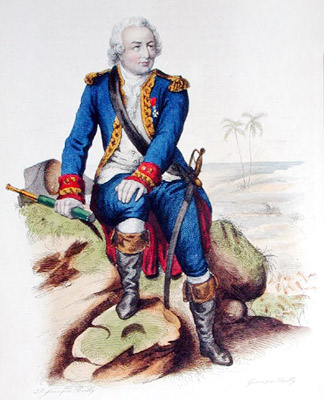 « Louis Antoine de Bougainville assis sur un rocher », extrait d’Edouard Mennechet, « Le Plutarque français », Paris, 1835. Gravure de  Julien Léopold Boilly.