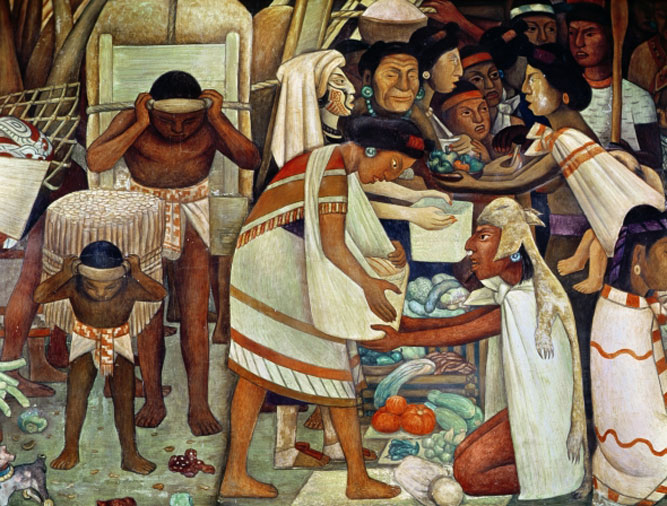 La magnifique cité de Tenochtitlan, detail d’une femme vendant des legumes, 1945, peinture murale, Diego Rivera