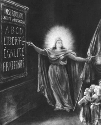Allégorie de la loi sur l’éducation passée par Jules Ferry (1832-93) 1881, lithographie.