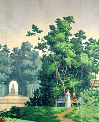 « Les Jardins français » (détail). Papier-peint des ateliers de Jean-Henri Zuber (1773-1852).