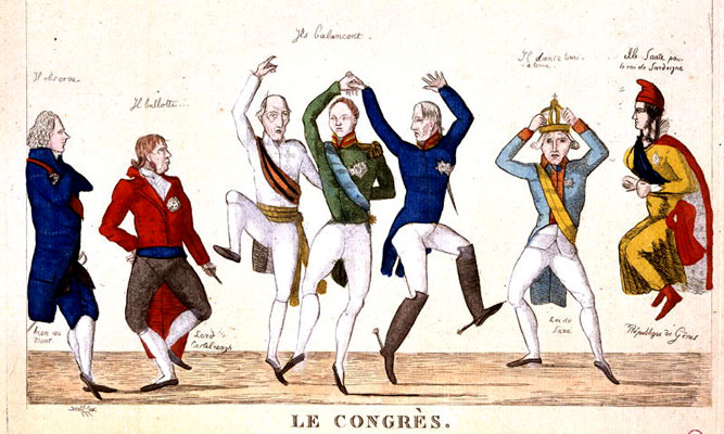 « Dessin satirique dépeignant les principaux protagonistes dans la danse du congrès de Vienne en 1815 ». Ecole française du XIXe siècle. Gravure.