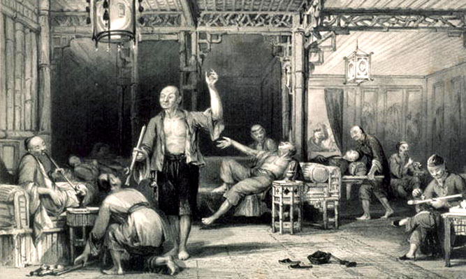 « Fumeurs d'opium chinois ». Extrait de George Newenham Wright 'China in a Series of Views'. Allom, Thomas (1804-72). Gravure, 1843.