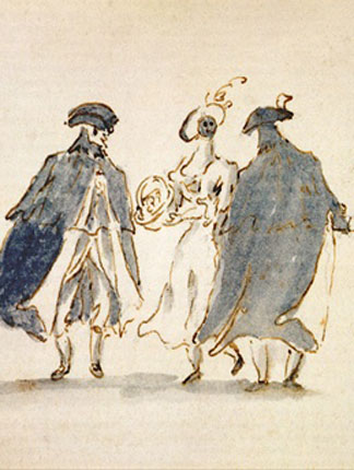 Trois personnages masques au Carnaval costumé, crayon et encres sur papier, Guardi