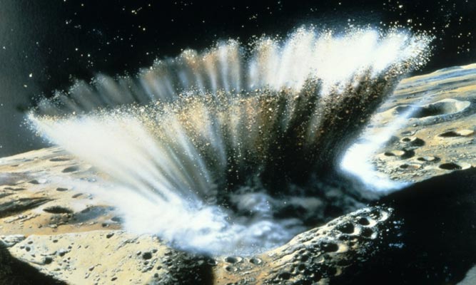 « Une météorite s'écrase créant une tempête de roches et de poussières sur Mercure », lithographie, Chris Foss.