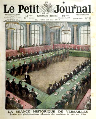 « Présentation des conditions de paix aux délégués allemands ». Extrait du Petit journal, 25 mai 1919. Ecole française. Lithographie.