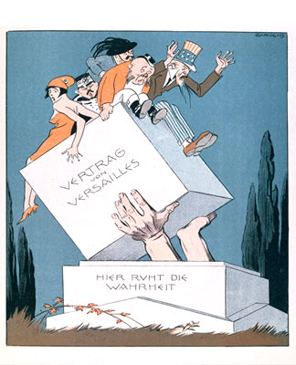 « L'Allemagne soulève la pierre tombale du traité de Versailles ». Extrait de Kladderadatsch, 1926. Oskar Theodor (1874-1951). Lithographie.