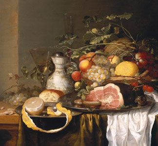 Nature morte avec panier de fruits et jambon - Laurence Craen (actif 1642-64) - collection particulière