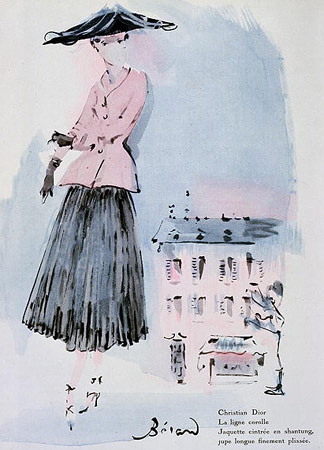 Planche de mode par Christian Dior, illustration du magazine Vogue, juin 1947, dessin de Christian Bérard (1902-49) Bibliothèque des Arts Décoratifs, Paris.