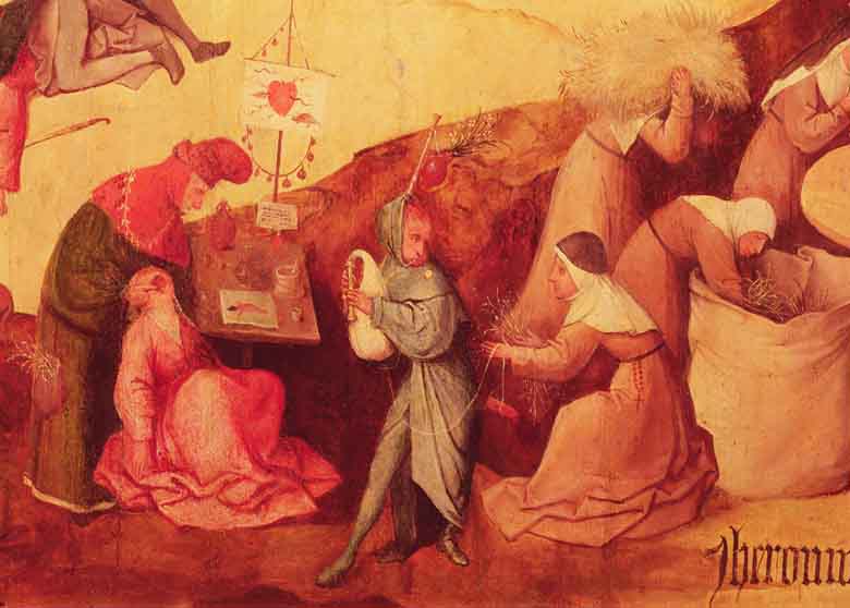The tooth puller, the bagpipe player and the wood collectors, detail of the central panel of The Haywain Triptych, c.1515 by Hieronymus Bosch (c.1450-1516) / Prado, Madrid 