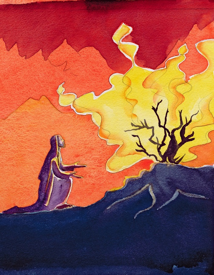 God speaks to Moses from the burning bush, 2004 (w/c on paper), Elizabeth Wang (Contemporary Artist) / Private Collection