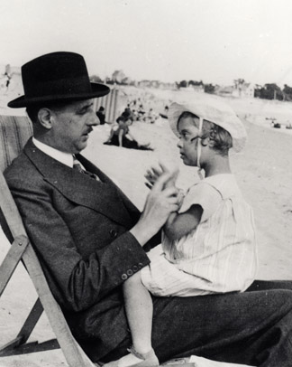 Anne de Gaulle (1928-48) and her father on the beach at Benodet, Finistere, c.1933 (b/w photo)