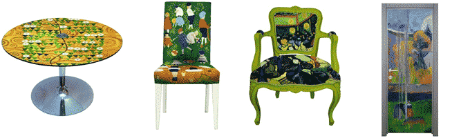 Table Klimt, chaise Malevich, fauteuil Van Gogh, porte Gauguin